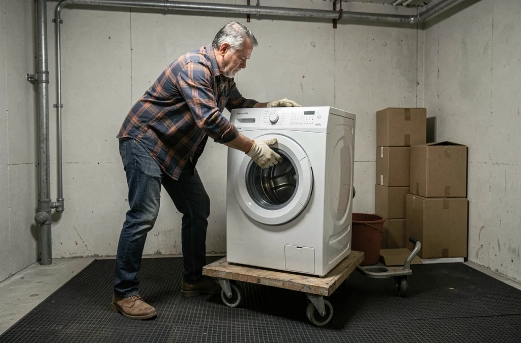 Homme déplaçant un lave-linge sur un diable lors d'un déménagement dans une buanderie