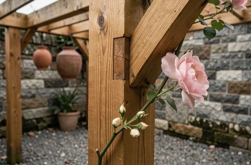 Détail d'assemblage en bois d'une pergola avec rosier grimpant et lanterne suspendue sur terrasse urbaine