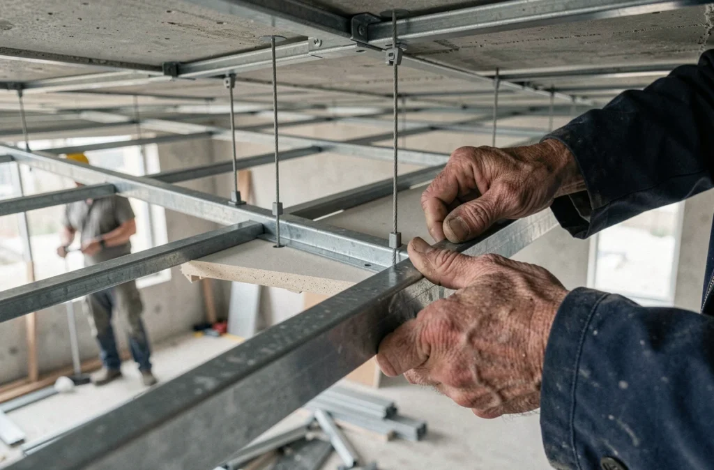 Détail de l'ossature métallique d'un faux plafond en cours de pose, rails et dalles visibles de près