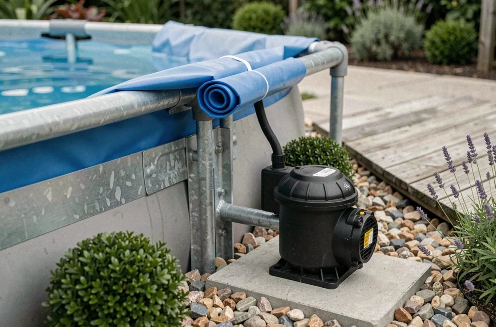 Détail du système de fixation et de la pompe filtrante d'une piscine hors sol dans un jardin urbain