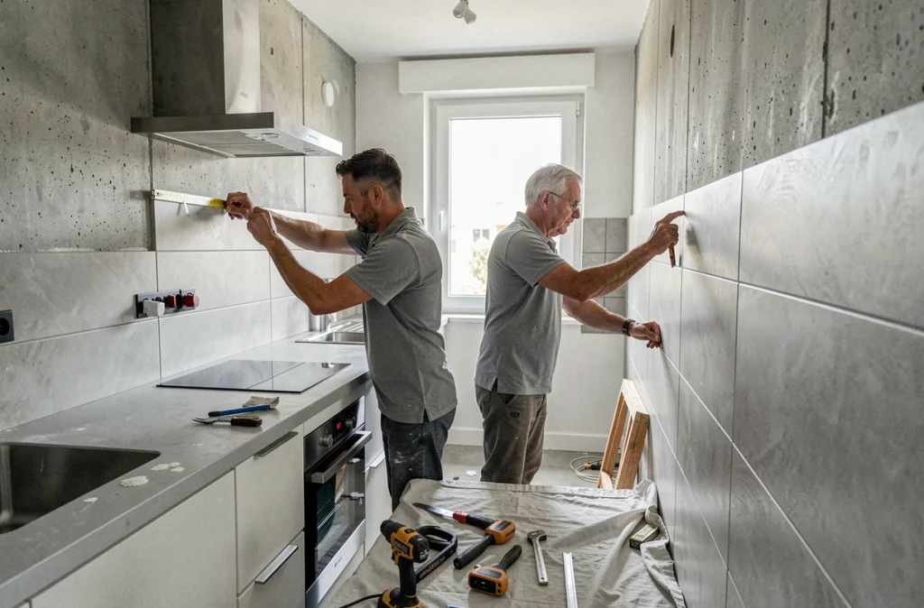 Deux artisans rénovant une cuisine moderne dans un appartement à Nantes