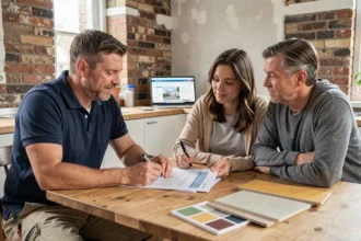 Un entrepreneur et un couple de propriétaires belges examinent ensemble un devis de rénovation détaillé autour d'une table dans une maison en cours de travaux