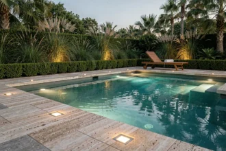 Piscine extérieure moderne au crépuscule avec éclairage LED encastré dans le dallage en travertin et reflets turquoise dans l'eau