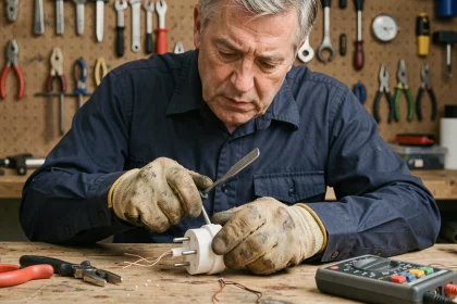 Électricien examinant un schéma de branchement de prise mâle sur un établi en bois avec outils électriques