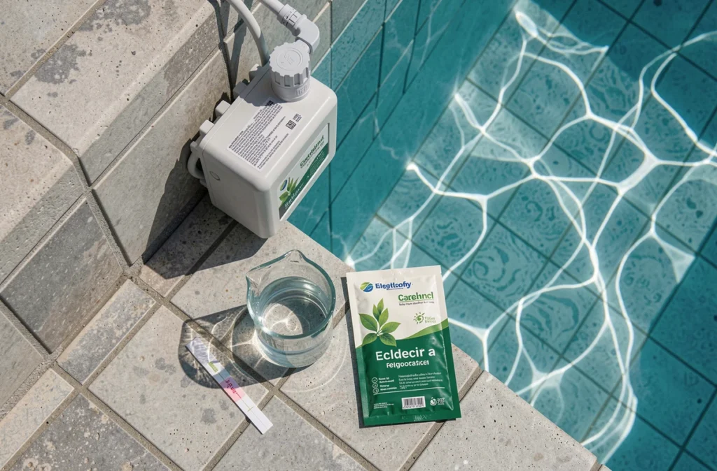 Vue aérienne d'une piscine propre avec électrolyseur et produits naturels de désinfection écologique
