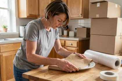 Femme emballant une assiette en céramique avec du papier kraft lors d'un déménagement dans une cuisine