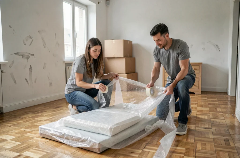 Amis emballant des meubles et objets fragiles lors d'un déménagement entre proches