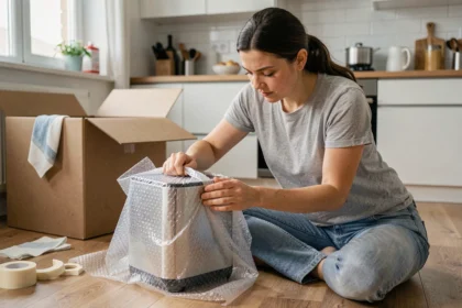 Femme emballant un électroménager avec du papier bulle avant un déménagement dans une cuisine moderne