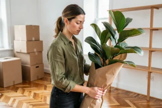 Femme emballant une plante verte dans du papier kraft lors d'un déménagement