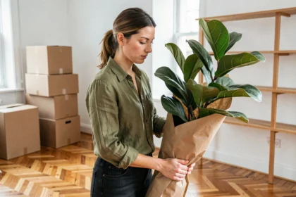 Femme emballant une plante verte dans du papier kraft lors d'un déménagement