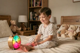 Enfant en pyjama assis dans son lit regardant un réveil lumineux coloré sur sa table de chevet