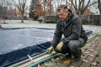Homme entretenant la bâche de protection d'une piscine extérieure en hiver dans un jardin givré