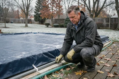 Homme entretenant la bâche de protection d'une piscine extérieure en hiver dans un jardin givré