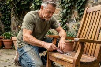 Homme entretenant un fauteuil de jardin en teck en le ponçant soigneusement sur une terrasse en pierre avant l'été