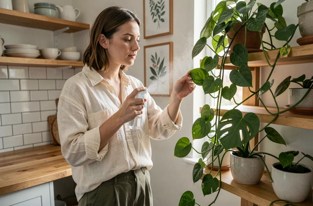 Femme entretenant ses plantes vertes dans une cuisine urbaine avec étagères en bois et ambiance végétale apaisante