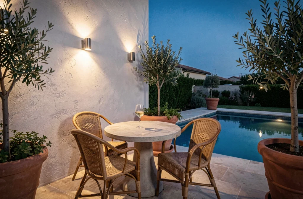 Espace détente en bord de piscine avec appliques murales en inox et ambiance crépusculaire dans un jardin méditerranéen