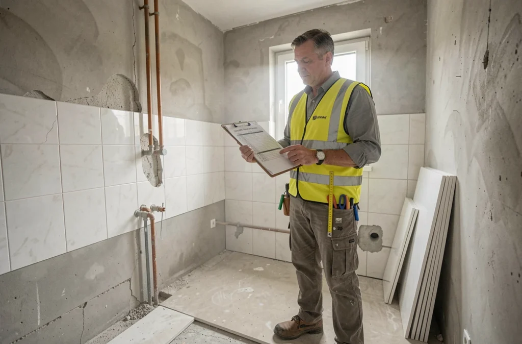 Un estimateur en bâtiment inspecte une salle de bain en cours de rénovation et établit un devis chiffré sur une planchette dans une maison belge