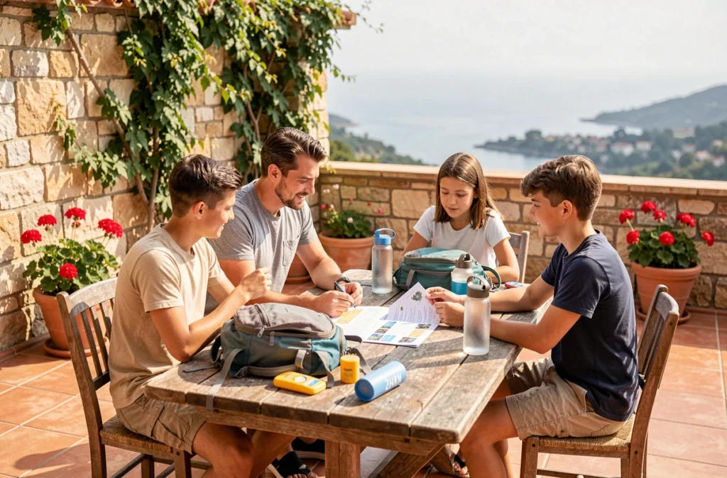 Famille en vacances pas chères sur une terrasse de location estivale, consultant un itinéraire de voyage