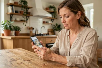 Femme consultant l'application mobile lamaison360 sur son smartphone à la maison pour comparer les prix immobiliers