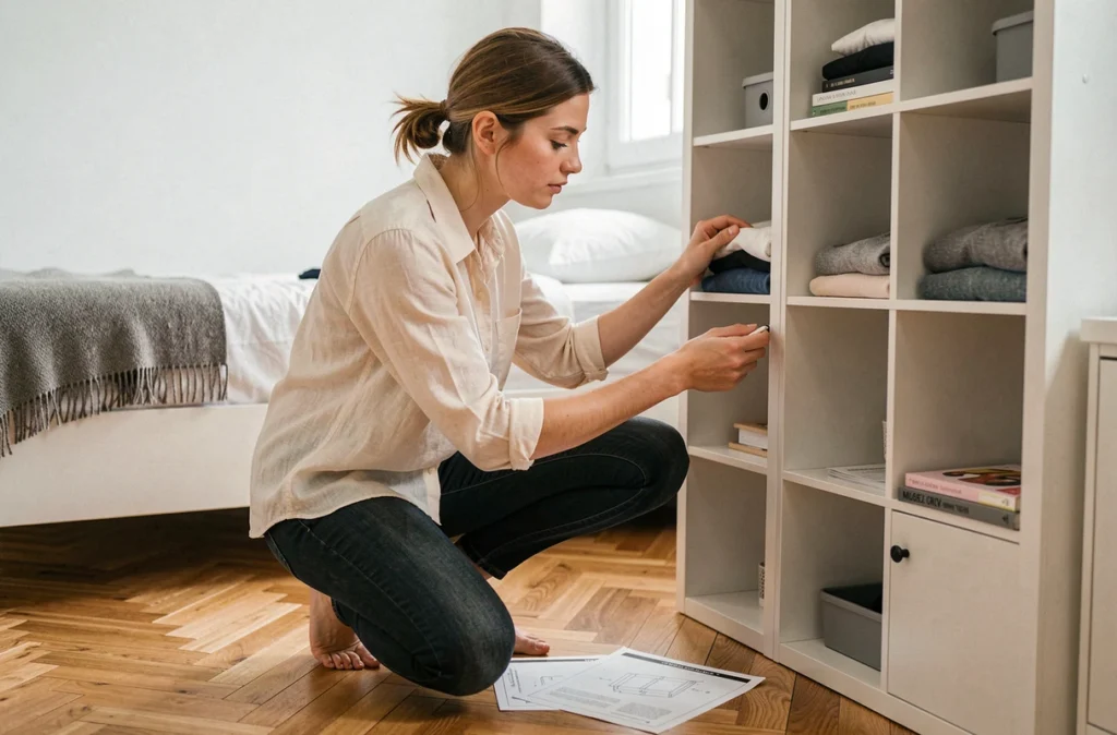 Jeune femme assemblant un meuble de rangement modulable dans une petite chambre lumineuse