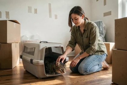 Femme préparant son chat dans une caisse de transport entourée de cartons de déménagement dans un appartement vide