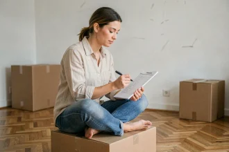Femme consultant une checklist de déménagement assise sur des cartons dans un appartement vide
