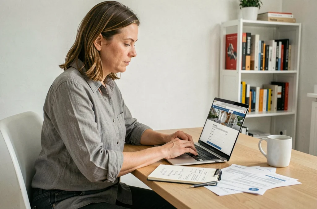 Une femme consulte un site de devis de rénovation sur son ordinateur portable dans un bureau à domicile minimaliste, comparant les coûts de travaux
