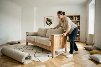 Femme déplaçant un canapé en chêne naturel pour réaménager son salon contemporain