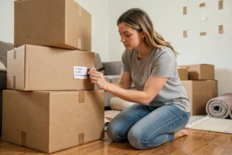 Femme étiquetant des cartons de déménagement au marqueur noir dans un salon en cours de déménagement