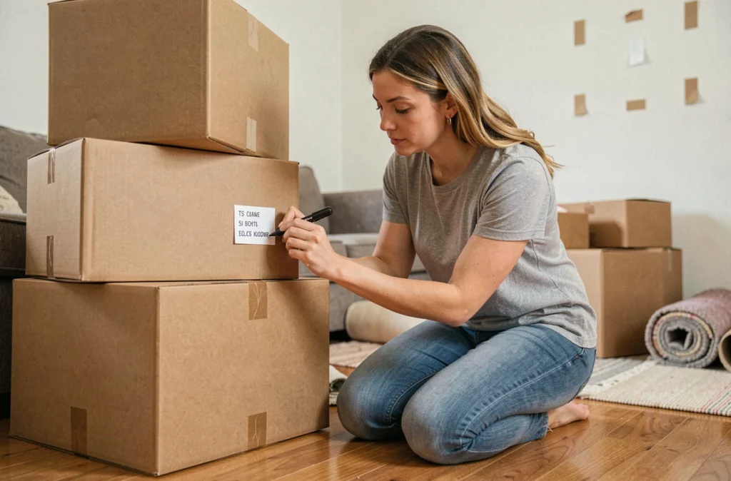 Femme étiquetant des cartons de déménagement au marqueur noir dans un salon en cours de déménagement