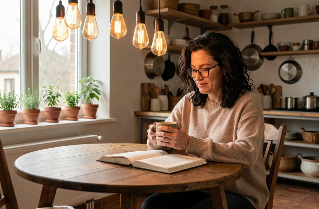 Femme lisant dans une cuisine chaleureuse sous des suspensions à ampoules Edison, illustration d'une ambiance d'éclairage tamisé et multiple