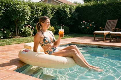 Femme sur un matelas gonflable dans une piscine de jardin avec accessoires d'été