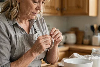 Femme examinant un bracelet en argent noirci avant nettoyage sur un plan de travail en bois