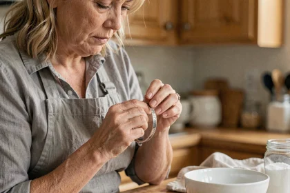 Femme examinant un bracelet en argent noirci avant nettoyage sur un plan de travail en bois