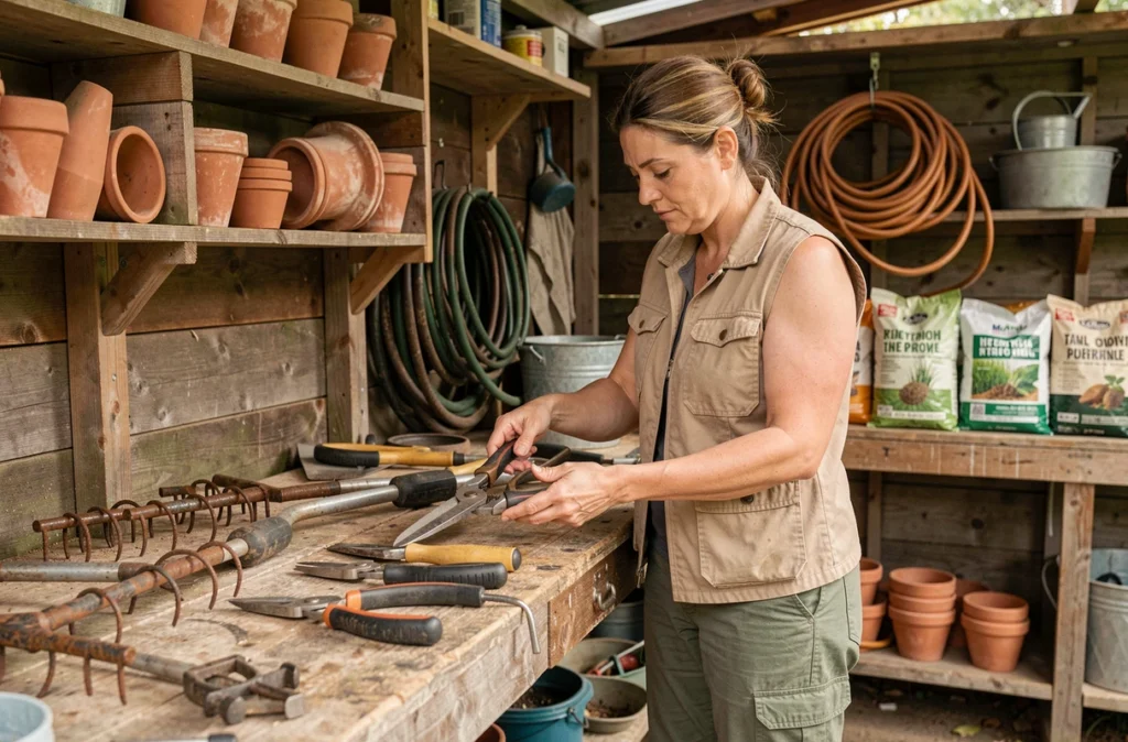 Femme organisant des outils d'entretien de pelouse dans un abri de jardin