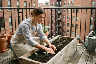 Femme plantant des semis dans un potager urbain sur un balcon avec vue sur la ville
