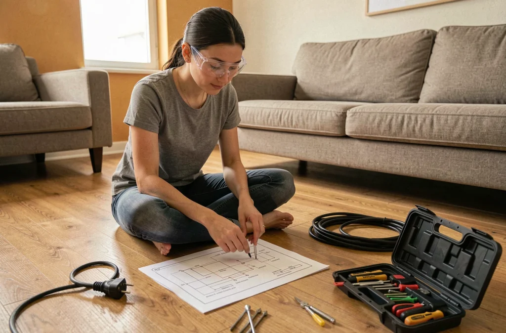 Femme consultant un schéma de branchement de prise mâle avec câble électrique sur le sol d'un appartement