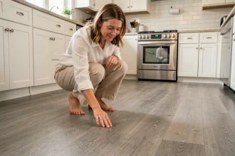 Femme inspectant la texture d'un sol en linoléum gris dans une cuisine moderne rénovée