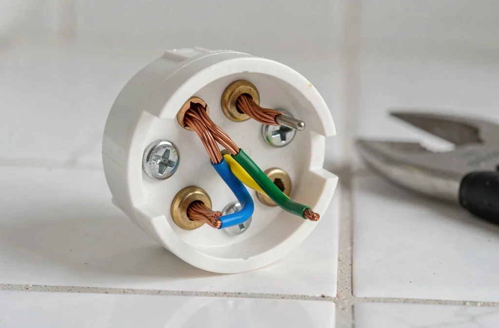 Gros plan d'un branchement interne de prise mâle avec fils électriques colorés phase neutre et terre