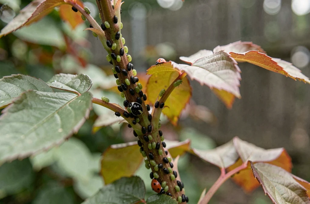 Gros plan de pucerons verts sur une tige de rosier avec des coccinelles prédatrices naturelles