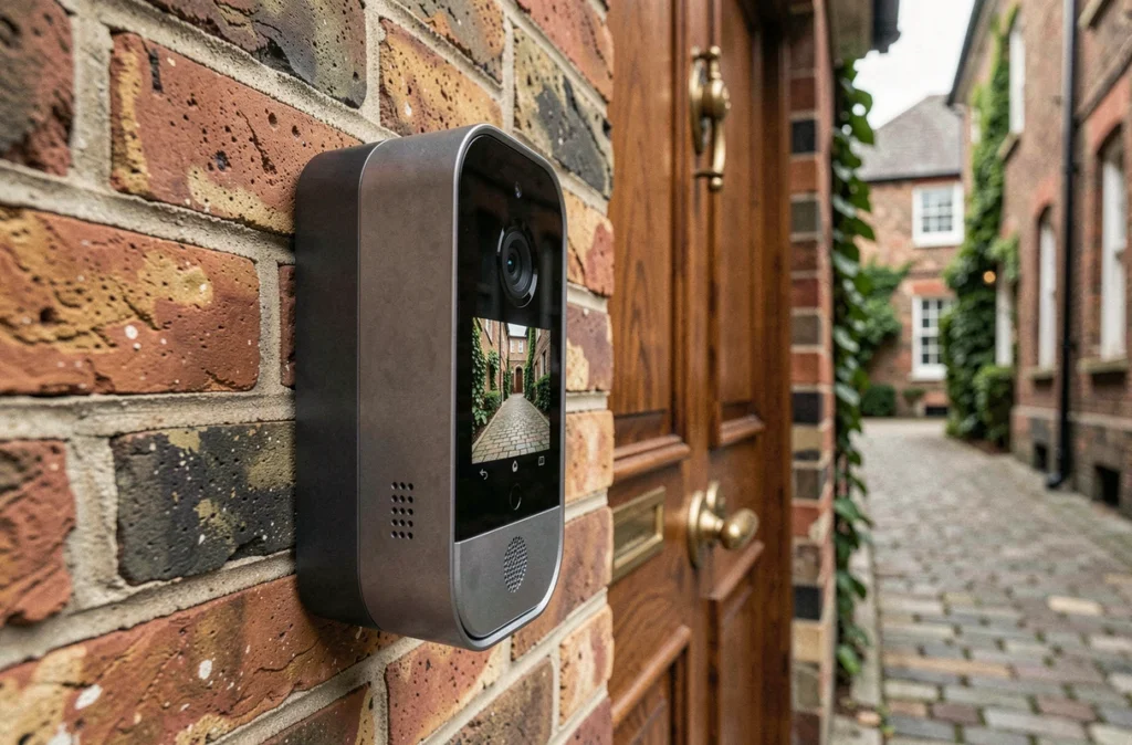 Gros plan d'un visiophone connecté installé sur un mur en brique ancienne