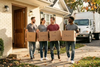 Groupe d'amis aidant au déménagement participatif en portant des cartons hors d'une maison