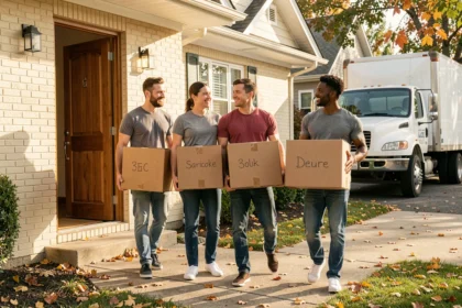 Groupe d'amis aidant au déménagement participatif en portant des cartons hors d'une maison