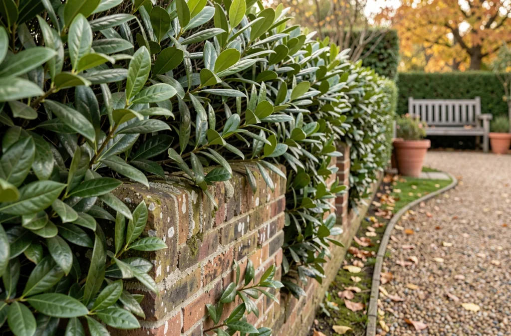Haie de lauriers dense offrant une intimité visuelle le long d'un mur de jardin en brique