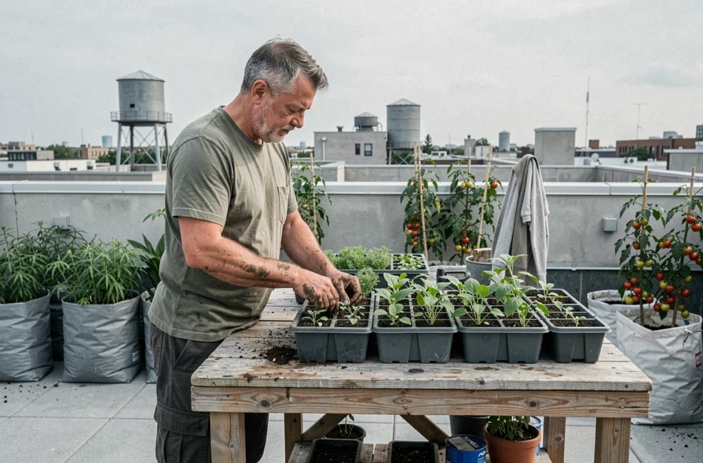 Homme organisant des bacs de culture potagère sur une terrasse urbaine en toiture