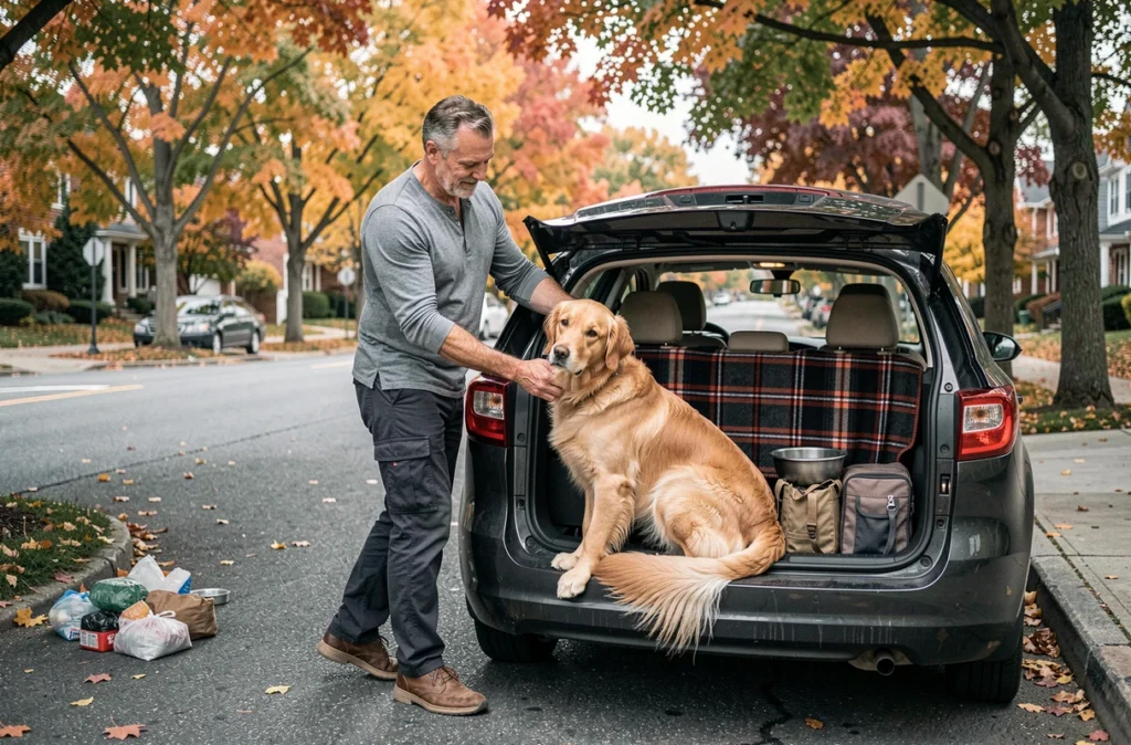 Homme chargeant son chien golden retriever dans une voiture lors d'un déménagement dans une rue résidentielle en automne