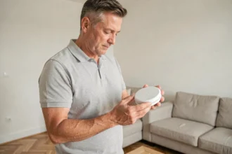 Homme examinant un détecteur de fumée dans un salon moderne pour vérifier sa conformité aux normes