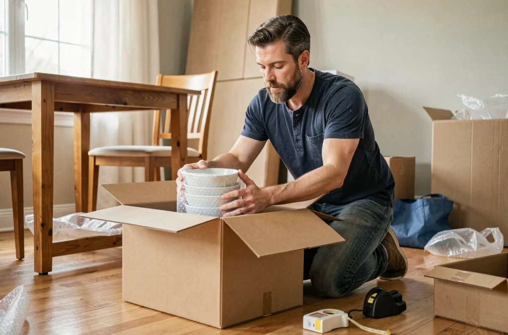 Homme plaçant des bols emballés dans un carton de déménagement avec soin pour éviter la casse