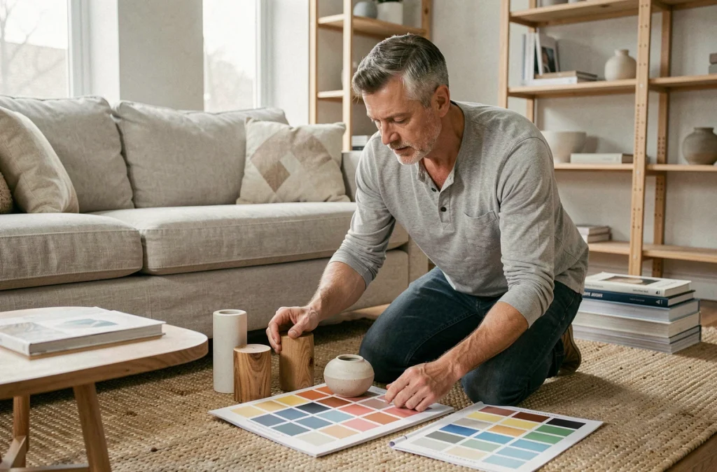 Homme en train d'harmoniser des objets décoratifs et une palette de couleurs dans un salon en cours d'aménagement