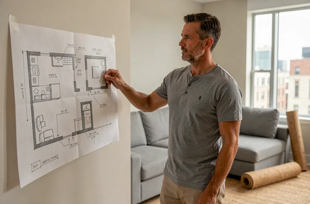Homme consultant un plan de disposition de meubles dessiné à la main dans un salon en cours de réaménagement